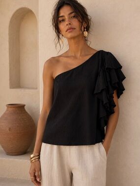 Anthropologie One-Shoulder Ruffle Top Romantic Parisian Style • Size L